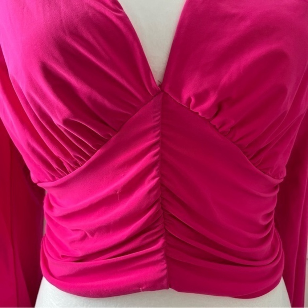 21 Saints Women Cropped Pink Long Sleeve Plunge Blouse Ruched‎ 34”Chest Crop Top - Picture 3 of 9